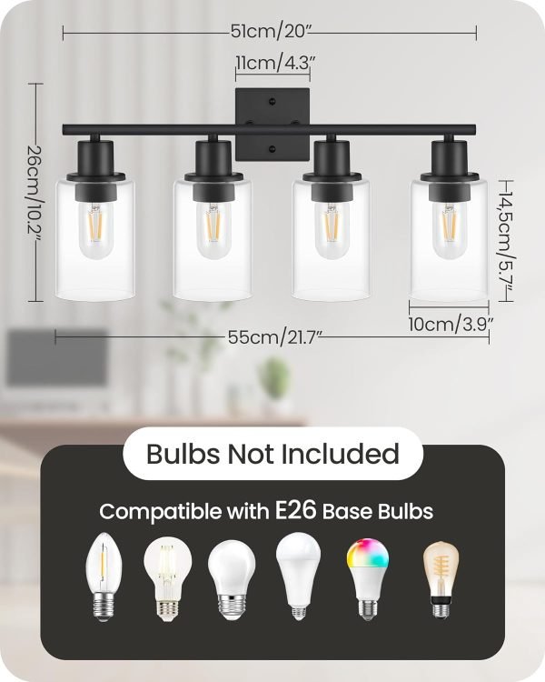 71QdmohtszL._AC_SL1500 4-Light Black Bathroom Light Fixture, Vanity Light Over Mirror with Clear Glass Shade, Modern Sconce Wall Lighting with Metal Base, for Mirror Bedroom Powder Room Hallway, Black B04BD05