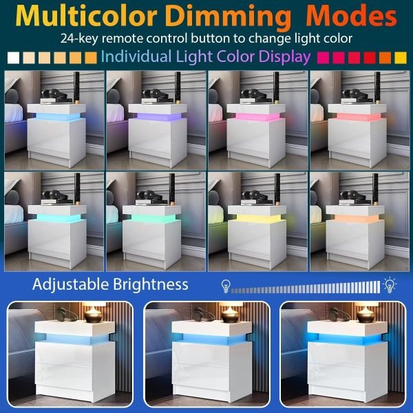 71Qrlavf10L._AC_SL1200 LED Nightstand White Nightstand with Led Lights Modern Night Stand with 2 High Gloss Drawers Led Bedside Table Smart Nightstand for Bedroom 20.5” Tall
