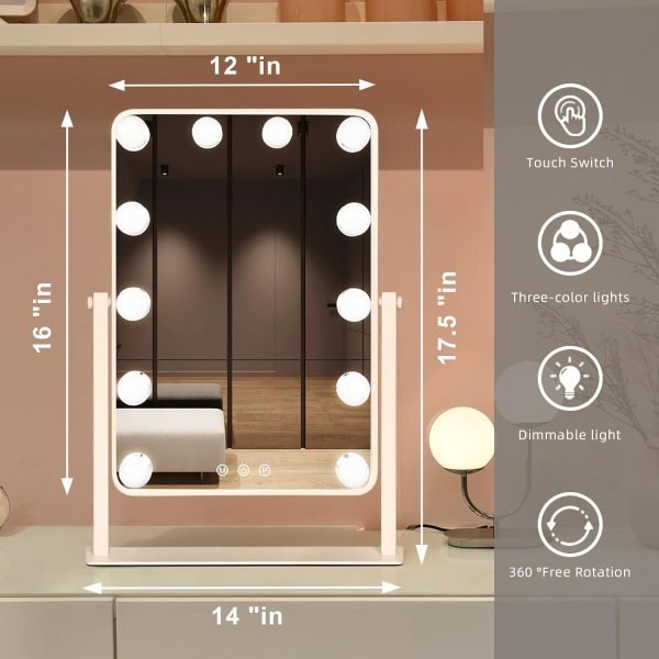 Makeup Vanity Mirror with Lights,17.5"×13.7" Tabletop Led Hollywood Mirror with 12 Dimmable Bulbs,Smart Touch Control 3 Colors Light 10X Magnification 360°Rotation