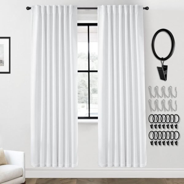 108 Inch Long Blackout Curtains & Drapes for Track System Pleated with Hooks Rings 2 Panels Set,Linen Black Out Back Tab 9FT Ceiling to Floor Length Curtains for Living Room,Cream Ivory