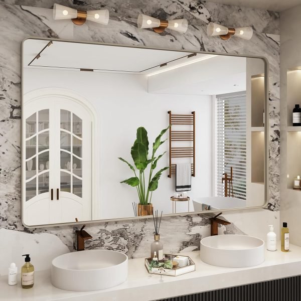 71RXzra0H_L._AC_SL1500 20x30 Silver Bathroom Mirror, Silver Wall Mirror for Vanity, Brushed Metal Framed Rectangle Mirror, Anti-Rust, Brushed Nickel,Shatterproof, Round Corners(Horizontally/Vertically)