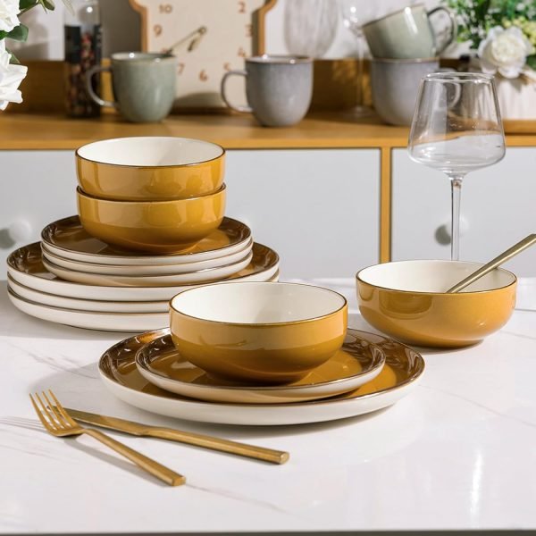 Ceramic Dinnerware Sets, 12 Pieces Amber Yellow Stoneware Dinnerware Set, Plates and Bowls Sets, Dishwasher & Microwave Safe | Service for 4