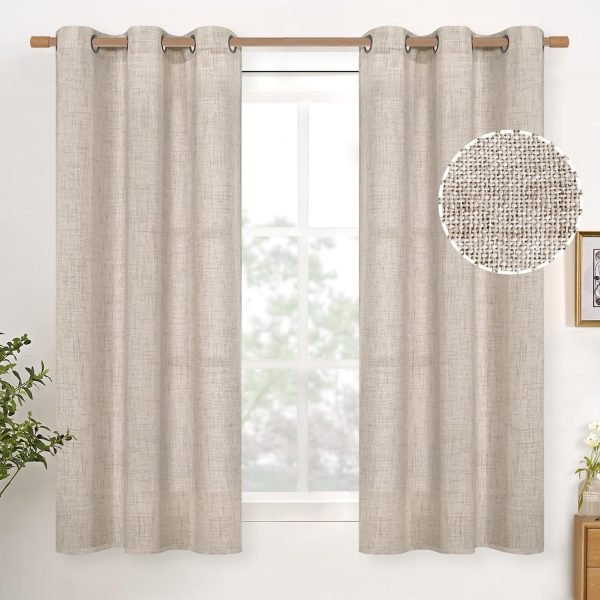 Natural Linen Curtains 63 Inch Length 2 Panels Bronze Grommet Linen Textured Short Window Drapes Light Filtering for Living Room Bedroom, 52 X 63 Inch