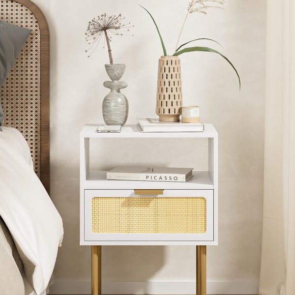 71RoACcpDFL._AC_SL1500 Rattan Nightstand, Drawer Dresser for Bedroom, Small Side Table with Drawer, Bedside Furniture, Night Stand, End Table with Gold Frame for Bedroom, Living Room, White