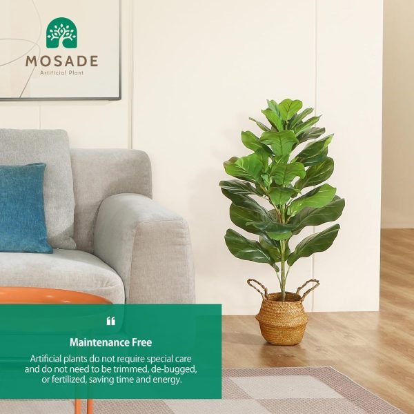 Artificial Fiddle Leaf Fig Tree 37" Fake Potted Ficus Lyrata Plant with Handmade Seagrass Basket, Perfect Faux Plants Home Décor for Indoor Outdoor Office Porch Balcony Bedroom Bathroom Gift