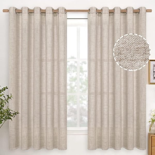 Natural Linen Curtains 63 Inch Length 2 Panels Bronze Grommet Linen Textured Short Window Drapes Light Filtering for Living Room Bedroom, 52 X 63 Inch