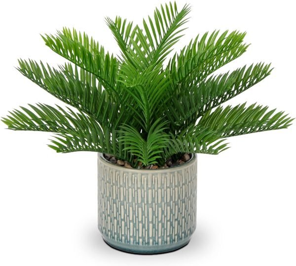 Faux Plant Indoor in Ceramic Pot 13" Artificial Potted Fern Fake House Plants for Desk Office Bathroom Garden Decoration