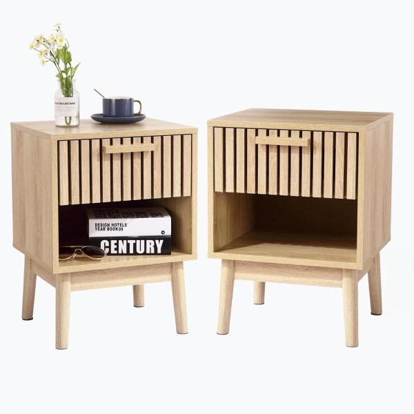 71T-aIIgqjL._AC_SL1500 Boho Nightstand, Small Side Table Night Stand with Drawer Open Shelf, Bedside End Table with Wood Strip Decorated Drawer for Bedroom, Living Room, Dorm and Small Spaces (Natural)