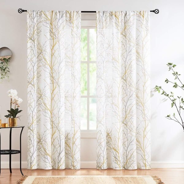 Tree Print Yellow Grey and White Curtains for Living Room Windows - Linen Textured Grommet Branches Pattern Window Treatment Set for Bedroom - 50" W x 96" L - (2 Panels)
