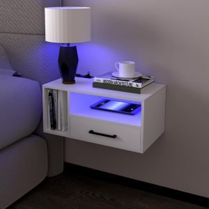 Floating Nightstand with Charging Station and LED Lights, Floating Bedside Table with Drawers Wall Mounted Nightstands,for Bedroom Room, 21.3" x 11.8" x 10",White