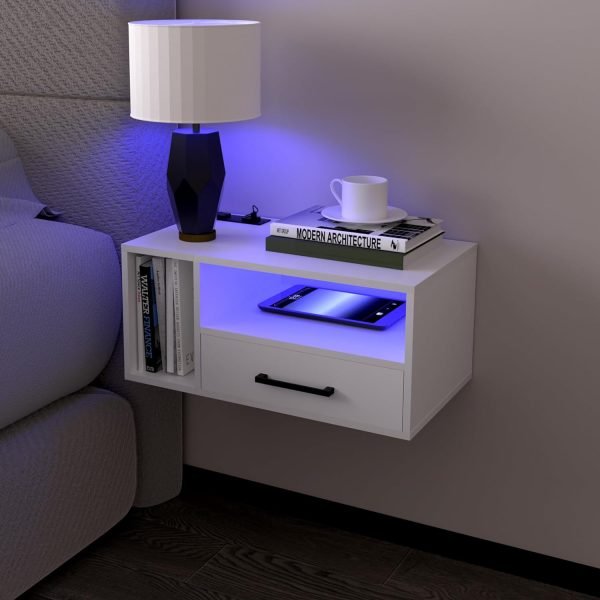 71TWP6QpzbL._AC_SL1500 Floating Nightstand with Charging Station and LED Lights, Floating Bedside Table with Drawers Wall Mounted Nightstands,for Bedroom Room, 21.3" x 11.8" x 10",White