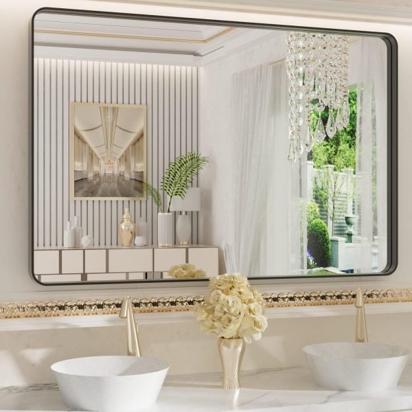 71Vl9V0Y4WL._AC_SL1500 22x30 Inch Bronze Bathroom Mirror for Vanity, Brushed Bronze Metal Frame Mirror for Wall, Rounded Rectangle Bronze Frame Mirror with Tempered Glass, Anti-Rust (Horizontal/Vertical)