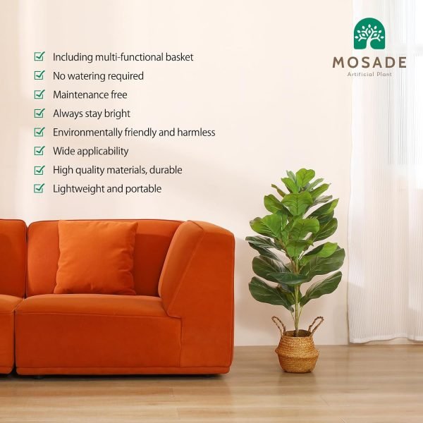 Artificial Fiddle Leaf Fig Tree 37" Fake Potted Ficus Lyrata Plant with Handmade Seagrass Basket, Perfect Faux Plants Home Décor for Indoor Outdoor Office Porch Balcony Bedroom Bathroom Gift