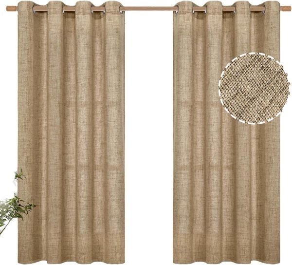 Natural Linen Curtains 63 Inch Length 2 Panels Bronze Grommet Linen Textured Short Window Drapes Light Filtering for Living Room Bedroom, 52 X 63 Inch
