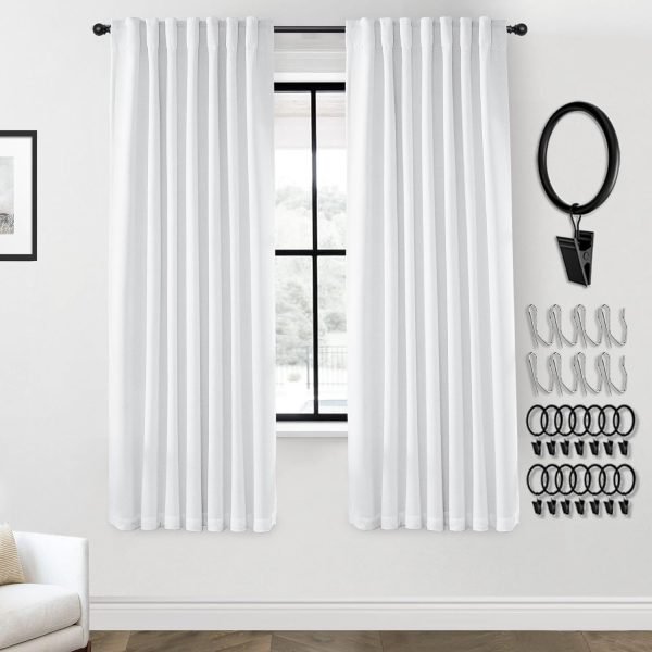 108 Inch Long Blackout Curtains & Drapes for Track System Pleated with Hooks Rings 2 Panels Set,Linen Black Out Back Tab 9FT Ceiling to Floor Length Curtains for Living Room,Cream Ivory