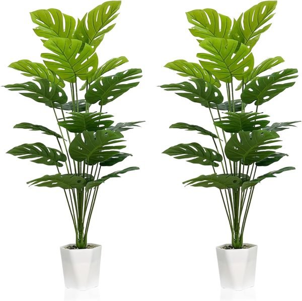 Set of 2 Artificial Monstera Deliciosa Plants in Pots, Fake Tropical Palm Tree with Greenery Leaves Stems, 28 Inch Artificial Cheese Plant for Home Bathroom, Office, Windowsill Decor