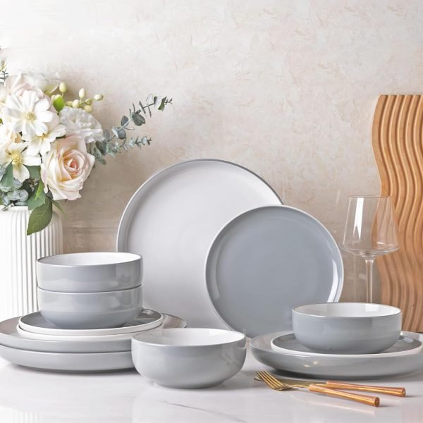 Ceramic Dinnerware Sets,Double Color Glaze Plates and Bowls Set,Highly Chip and Crack Resistant | Dishwasher & Microwave Safe | Round Dishes Set Service for 4 (12pc)