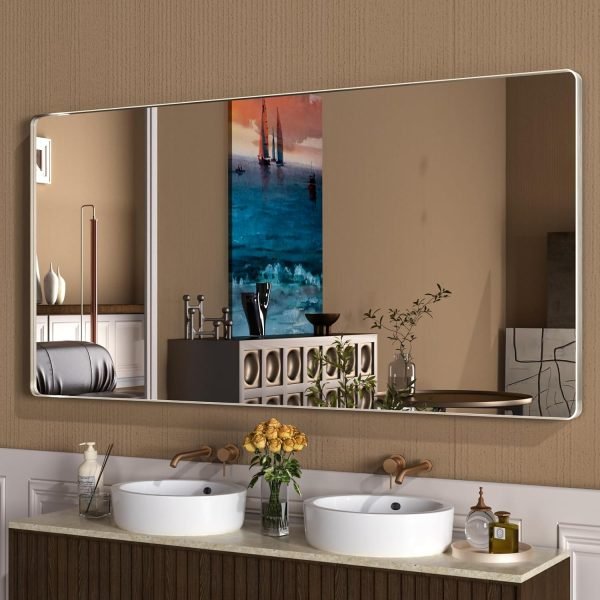 71WciAOUlhL._AC_SL1500 22x30 Inch Bronze Bathroom Mirror for Vanity, Brushed Bronze Metal Frame Mirror for Wall, Rounded Rectangle Bronze Frame Mirror with Tempered Glass, Anti-Rust (Horizontal/Vertical)