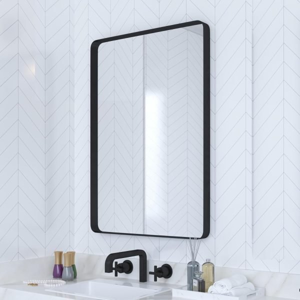 Black Bathroom Mirror for Wall, 24 x 36 Inch Rounded Rectangle Metal Framed Bathroom Wall Vanity Mirror Farmhouse, 1/4-inch Shatterproof Glass | Ultra-Flush Hanging
