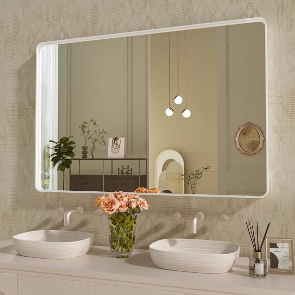 71XNYK-qeVL._AC_SL1500 22x30 Inch Bronze Bathroom Mirror for Vanity, Brushed Bronze Metal Frame Mirror for Wall, Rounded Rectangle Bronze Frame Mirror with Tempered Glass, Anti-Rust (Horizontal/Vertical)