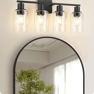 71XW2xMQZoL._AC_SL1500 4-Light Black Bathroom Light Fixture, Vanity Light Over Mirror with Clear Glass Shade, Modern Sconce Wall Lighting with Metal Base, for Mirror Bedroom Powder Room Hallway, Black B04BD05