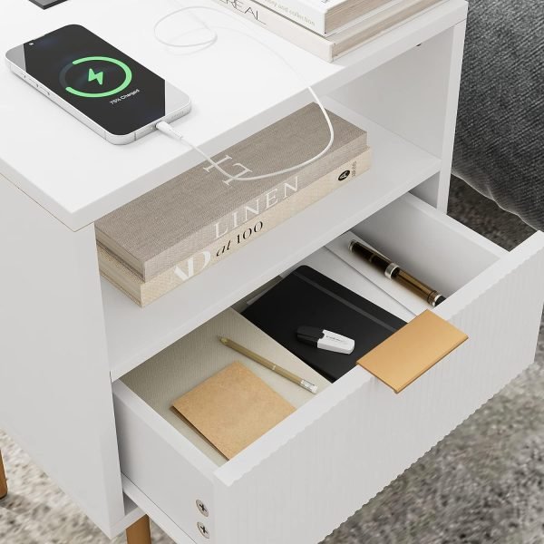 71Xh_R2FmxL._AC_SL1500 Nightstand with Charging Station,Small Bedside Table with Gold Frame,White Night Stand,Bedside Furniture,Side Table with Drawer and Shelf for Bedroom,Living Room,Stripe