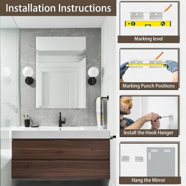 16x24 inch Beveled Bathroom Mirror, Rectangle Frameless Mirror, 1" Polished Beveled Edge Wall Mirror, Beveled Square Mirror for Bathroom, Living Room, Bedroom