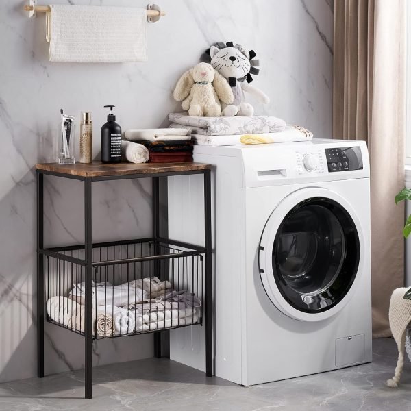 Tall Side End Table,Nightstands Shelf Storage Organizer with Versatile Metal Basket for Telephone Entryway/Living Room/Bedroom/Kitchen,31" H, 1 Set, Rustic Brown