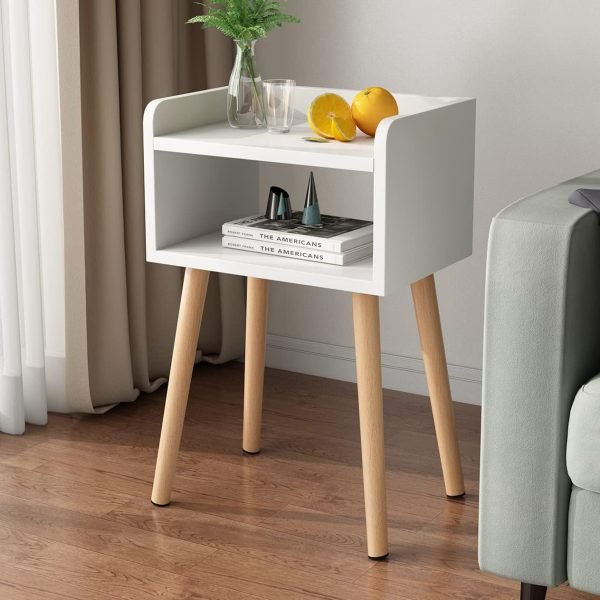 Nightstand, Mid-Century Modern Bedside Table with Solid Wood Legs, Adorable and Practical End Side Table with Open Storage Shelf, Fashion Bedroom Furniture Rustic Brown.