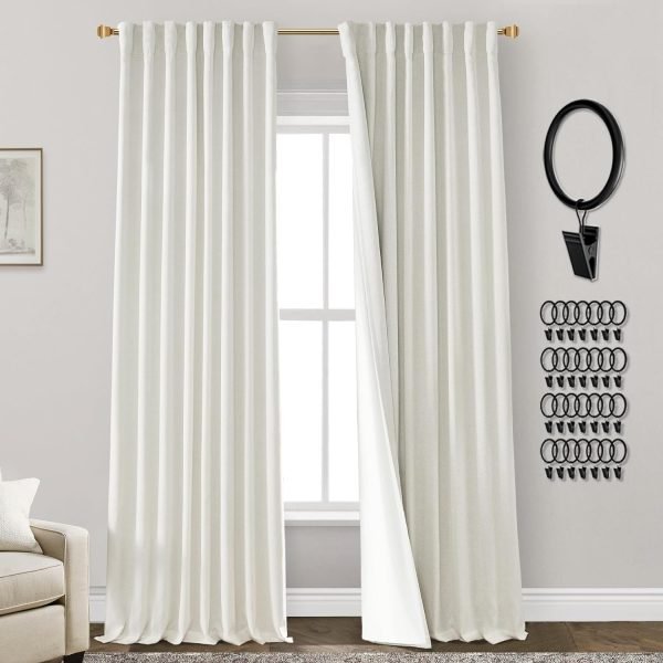 108 Inch Long Blackout Curtains & Drapes for Track System Pleated with Hooks Rings 2 Panels Set,Linen Black Out Back Tab 9FT Ceiling to Floor Length Curtains for Living Room,Cream Ivory
