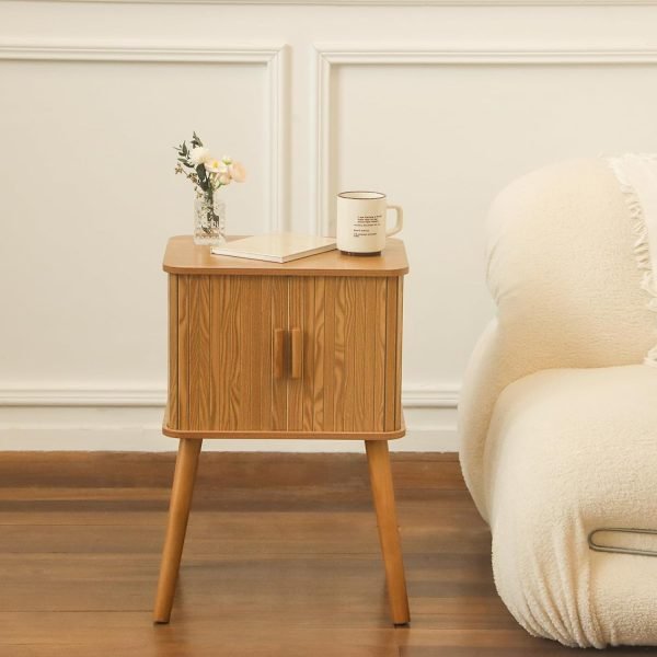 Mid Century Modern Nightstand, Bedside Table with Sliding Fluted Doors, End Tables Living Room with 2-Tier Storage Cabinet and Solid Wood Legs for Bedroom and Small Space, Brown