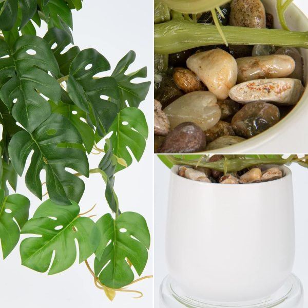 Fake Plants Indoor 8 Inch Artificial Monstera Leaves in Ceramic Pot - Faux Potted Tropical Palm Plant for Home Aesthetic Decor Living Room Shelf Office