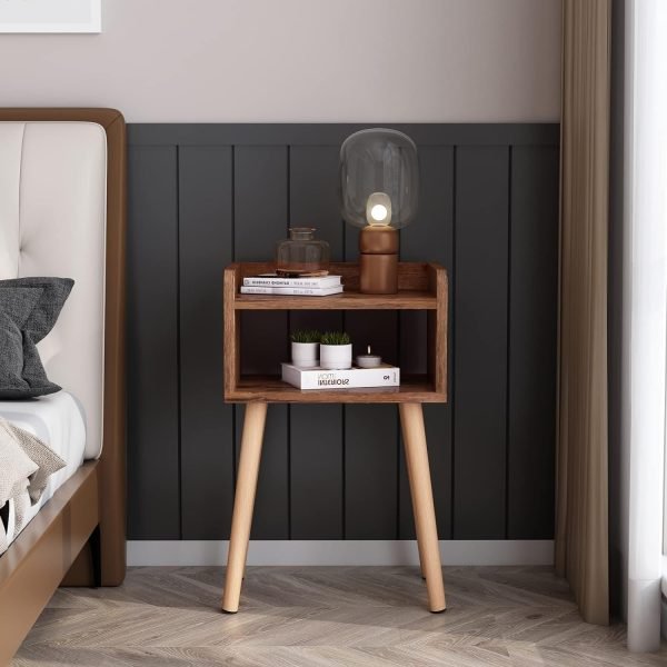 Nightstand, Mid-Century Modern Bedside Table with Solid Wood Legs, Adorable and Practical End Side Table with Open Storage Shelf, Fashion Bedroom Furniture Rustic Brown.