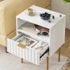 Nightstand,Fluted Bedside Table with Gold Frame,White Nightstand,Bedside Furniture, Modern Side Table with Drawer and Shelf for Bedroom,Living Room