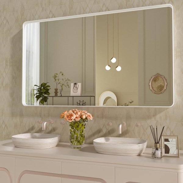 71Zx6jr4UyL._AC_SL1500 22x30 Inch Bronze Bathroom Mirror for Vanity, Brushed Bronze Metal Frame Mirror for Wall, Rounded Rectangle Bronze Frame Mirror with Tempered Glass, Anti-Rust (Horizontal/Vertical)