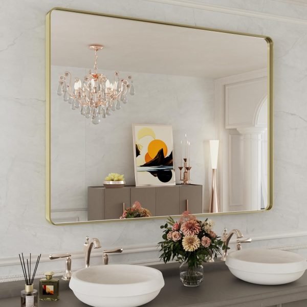 71_4MyDdhTL._AC_SL1500 22x30 Inch Bronze Bathroom Mirror for Vanity, Brushed Bronze Metal Frame Mirror for Wall, Rounded Rectangle Bronze Frame Mirror with Tempered Glass, Anti-Rust (Horizontal/Vertical)