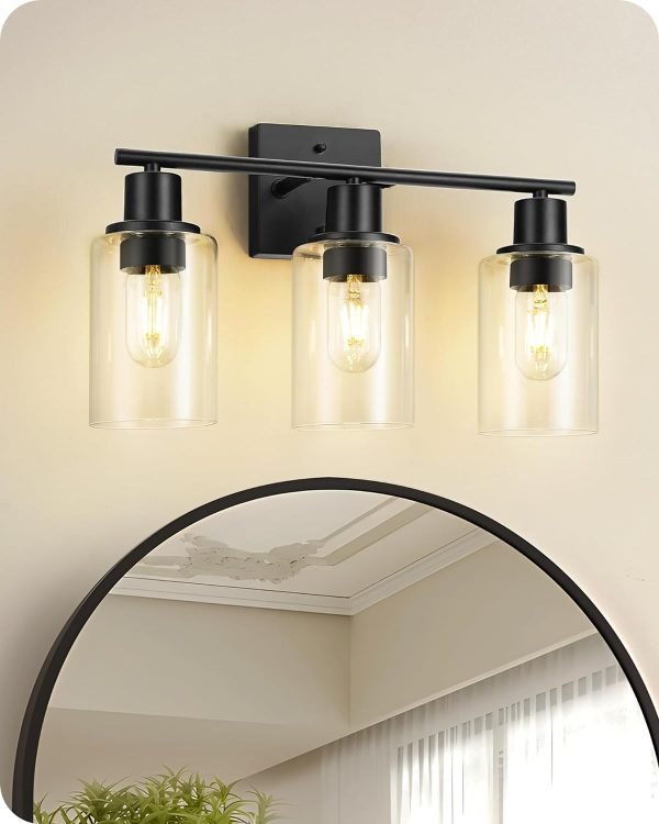 71aqTzAd4nL._AC_SL1500 4-Light Black Bathroom Light Fixture, Vanity Light Over Mirror with Clear Glass Shade, Modern Sconce Wall Lighting with Metal Base, for Mirror Bedroom Powder Room Hallway, Black B04BD05