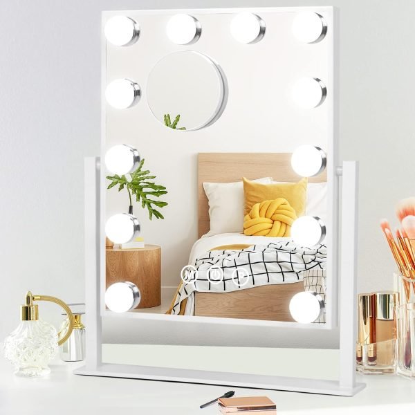 Lighted Vanity Makeup Mirror with Lights Hollywood Cosmetic Mirror with 9 Dimmable LED Bulbs for Dressing Room Tabletop, 3 Color Lighting, Detachable 10X Magnification Mirror, White
