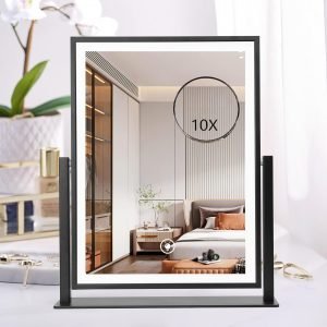 Lighted Vanity Mirror Fashion Makeup Mirror 12in Black for Desktop with Detachable,10x Magnifying,360° Rotation,Adjustable Warm White/Natural/Daylight Dimmable Light Memory,Birthday Gift for Woman