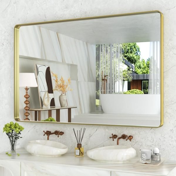 71bnTSScMDL._AC_SL1500 22x30 Inch Bronze Bathroom Mirror for Vanity, Brushed Bronze Metal Frame Mirror for Wall, Rounded Rectangle Bronze Frame Mirror with Tempered Glass, Anti-Rust (Horizontal/Vertical)