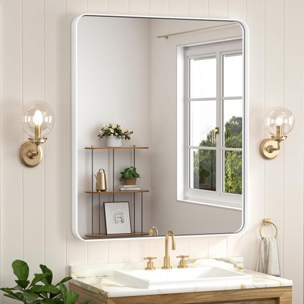 Black Metal Framed Bathroom Mirrors for Wall, 20 x 30 Inch Rounded Rectangle Bathroom Vanity Mirror, Matte Black Farmhouse Mirror with Seamless Frame, HD Tempered Glass(Horizontal/Vertical)