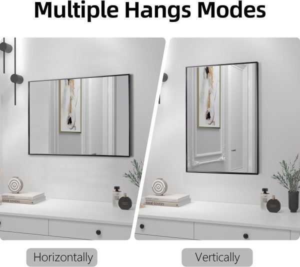 Black Bathroom Vanity Mirror for Wall, 16X24 Inch Aluminum Framed Wall Mirror Rectangle, Modern Square Corner Bathroom Vanity Mirror for Bedroom, Living Room, Hangs Horizontally or Vertically