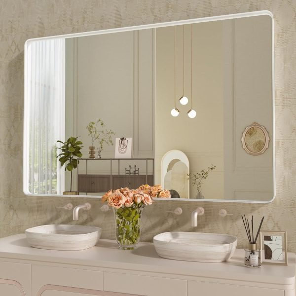 71df3Lc9dAL._AC_SL1500 22x30 Inch Bronze Bathroom Mirror for Vanity, Brushed Bronze Metal Frame Mirror for Wall, Rounded Rectangle Bronze Frame Mirror with Tempered Glass, Anti-Rust (Horizontal/Vertical)