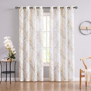 71diCO7hRuL._AC_SL1200 Tree Print Yellow Grey and White Curtains for Living Room Windows - Linen Textured Grommet Branches Pattern Window Treatment Set for Bedroom - 50" W x 96" L - (2 Panels)
