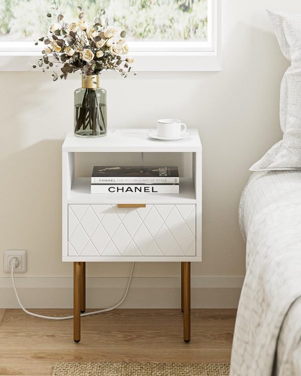71eRdJFhtIL._AC_SL1500 Nightstand with Charging Station,Small Bedside Table with Gold Frame,White Night Stand,Bedside Furniture,Side Table with Drawer and Shelf for Bedroom,Living Room,Stripe