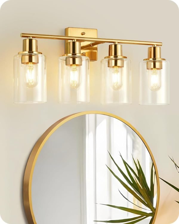 71eXvq3xRSL._AC_SL1500 4-Light Black Bathroom Light Fixture, Vanity Light Over Mirror with Clear Glass Shade, Modern Sconce Wall Lighting with Metal Base, for Mirror Bedroom Powder Room Hallway, Black B04BD05