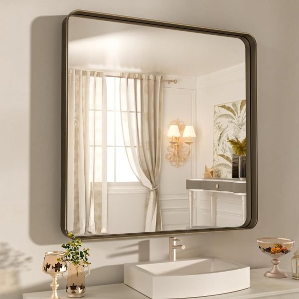 71emWZ5UzOL._AC_SL1500 22x30 Inch Bronze Bathroom Mirror for Vanity, Brushed Bronze Metal Frame Mirror for Wall, Rounded Rectangle Bronze Frame Mirror with Tempered Glass, Anti-Rust (Horizontal/Vertical)