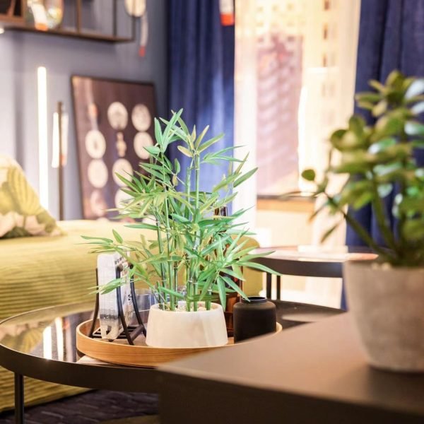 18 inch Tall White Potted Faux Bamboo Plant- Luxury Artificial Bamboo Tree in White Pot for Home, Office, Kitchen, Counter Top, Indoor Decor, Money Tree, Lucky Bamboo Tree.