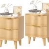 Wooden Nightstand with 2 Drawers, Small Bedside Table with Storage, Mid Century Modern End Side Table with Wood Fluted Drawers for Bedroom, Living Room（Natural）