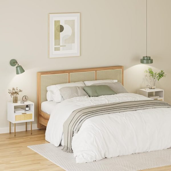 71fZQg6y3aL._AC_SL1500 Rattan Nightstand, Drawer Dresser for Bedroom, Small Side Table with Drawer, Bedside Furniture, Night Stand, End Table with Gold Frame for Bedroom, Living Room, White